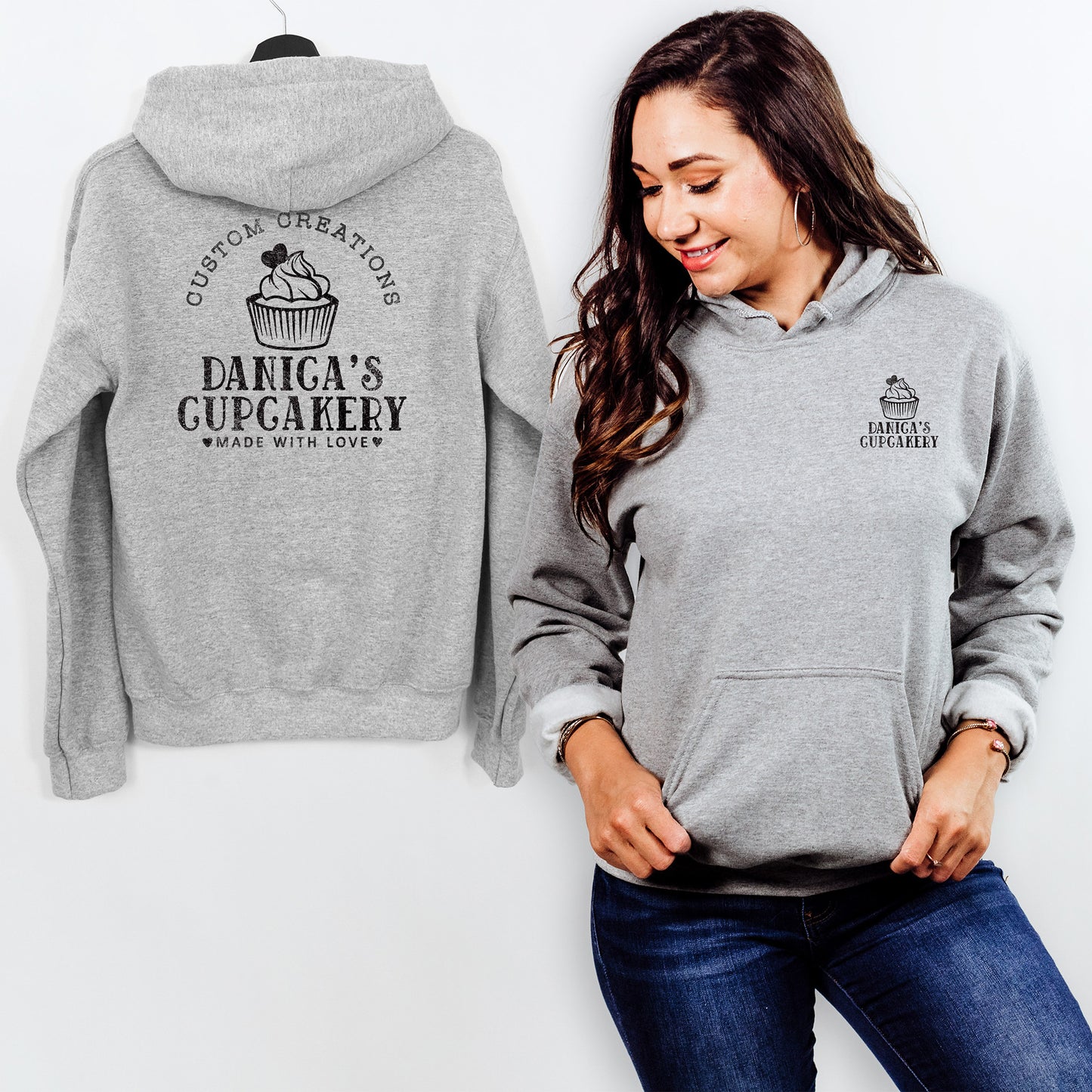 a woman wearing a personalized cupcake baking hoodie in sport grey