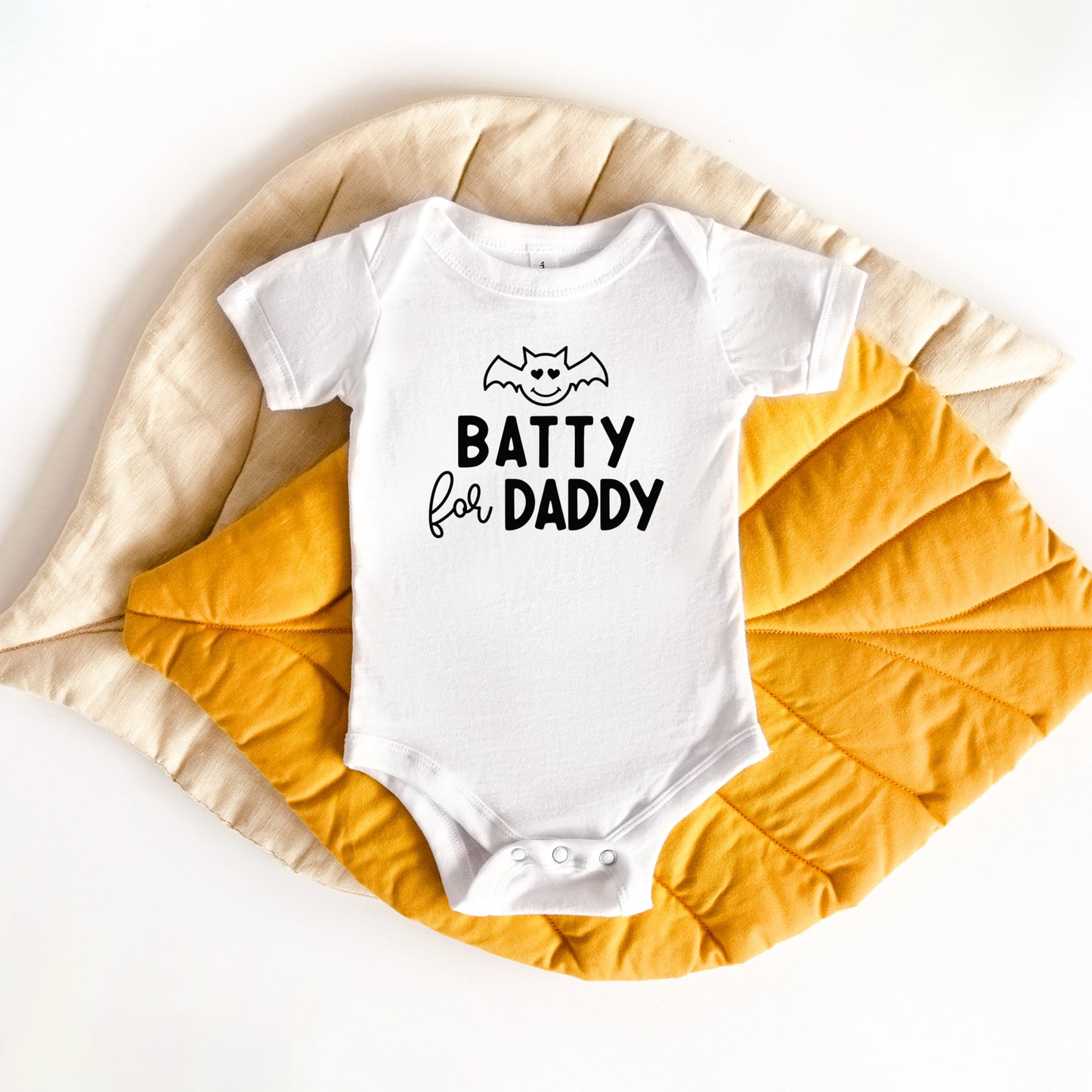 
                  
                    Batty for daddy halloween onesies for baby, shown in white
                  
                