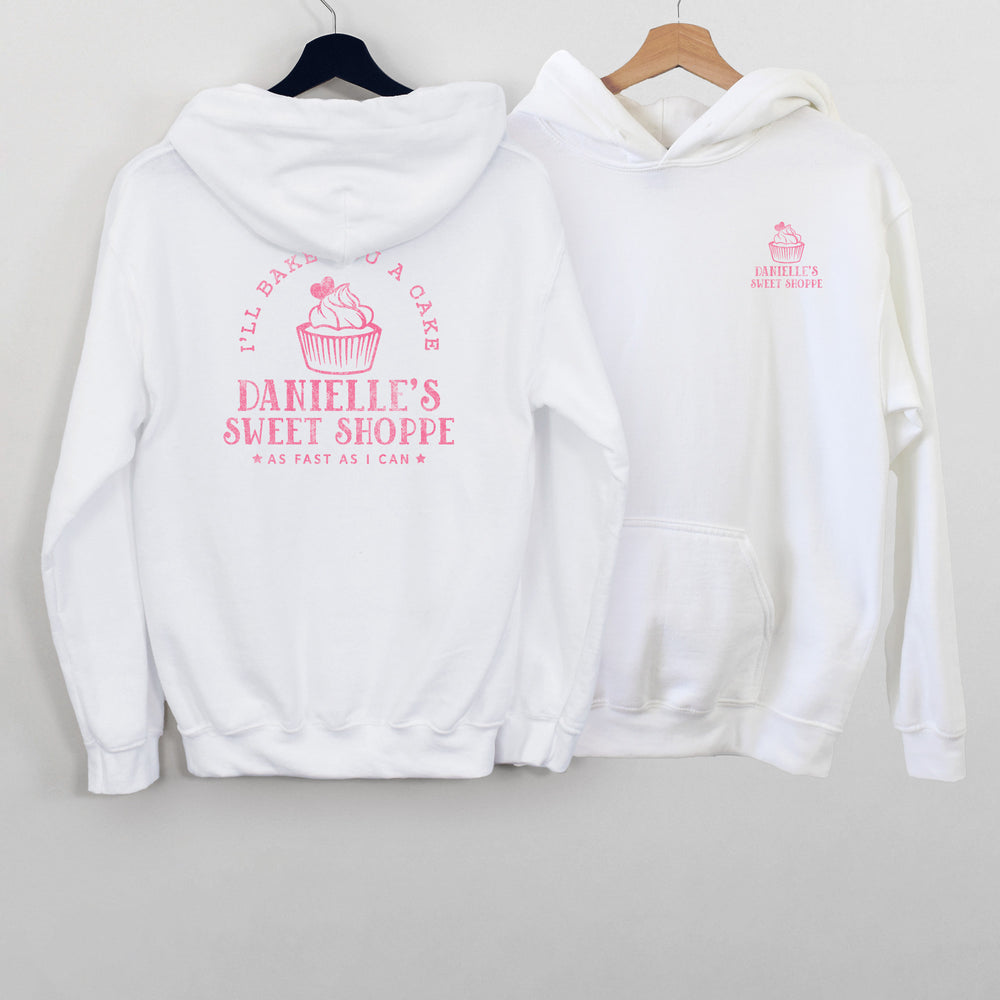 
                  
                    a personalized cupcake baking hoodie in white
                  
                