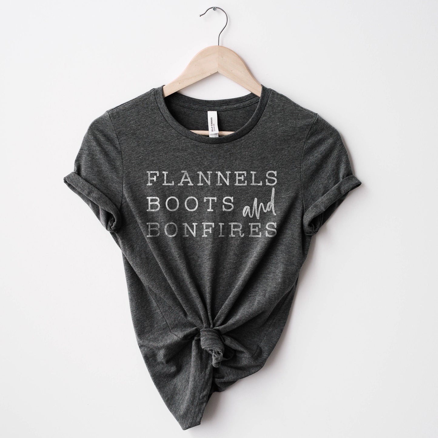 a flannel boots and bonfires tee in Dark Grey Heather