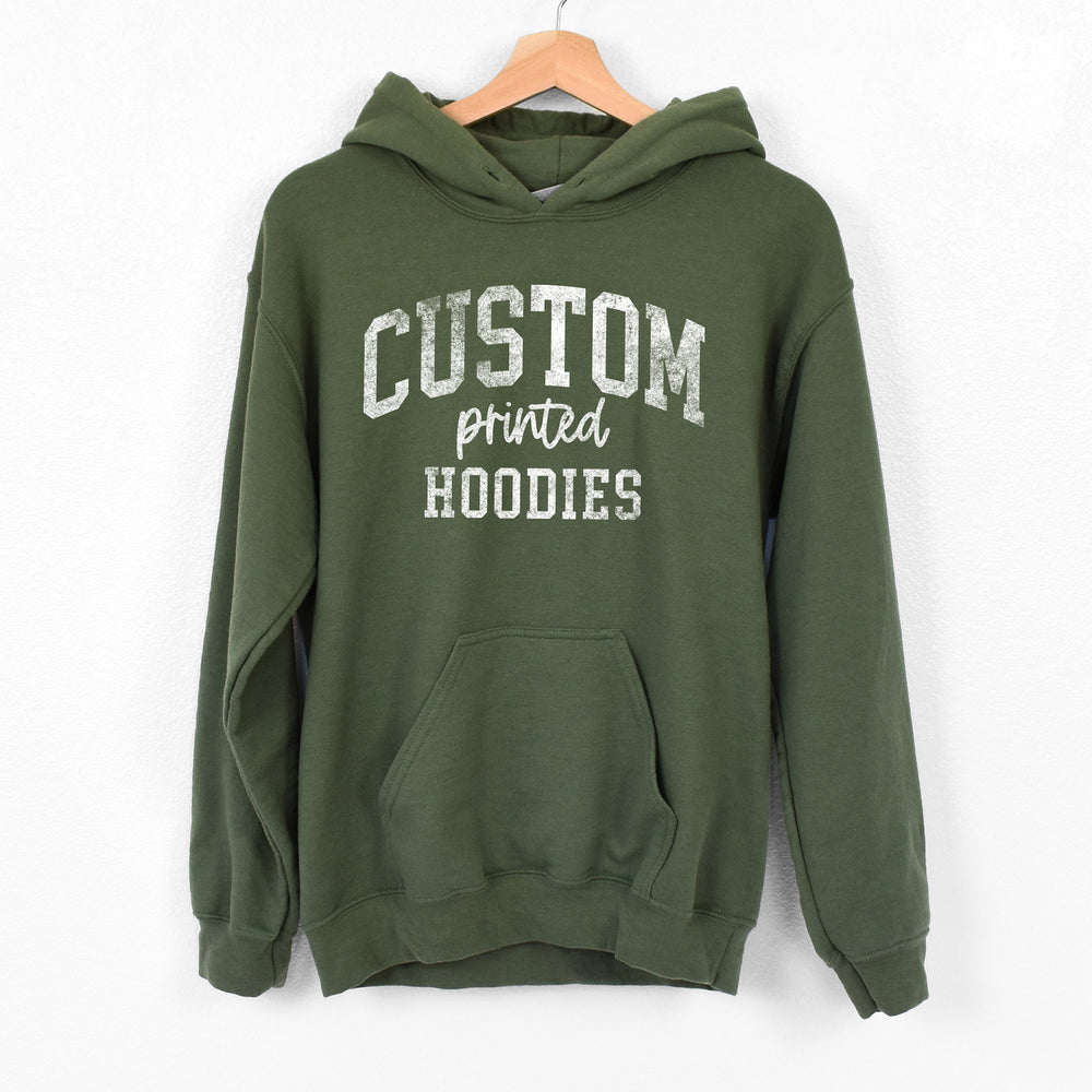 
                  
                    a custom printed hoodie in military green
                  
                