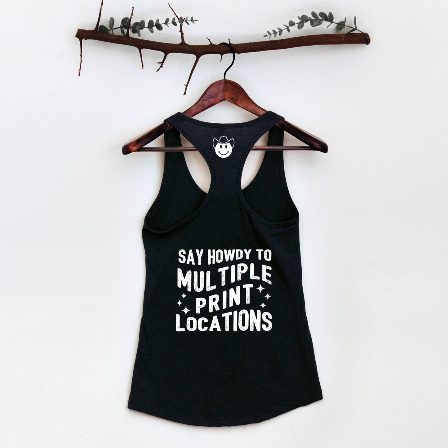 a custom printed tank top showing multiple print location possibilities