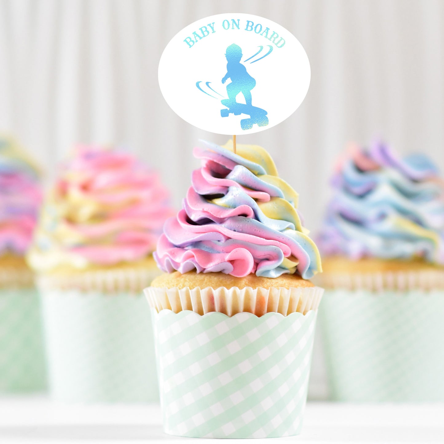 
                  
                    baby on board - skateboarding boy svg , printed in holographic, as a cupcake topper
                  
                