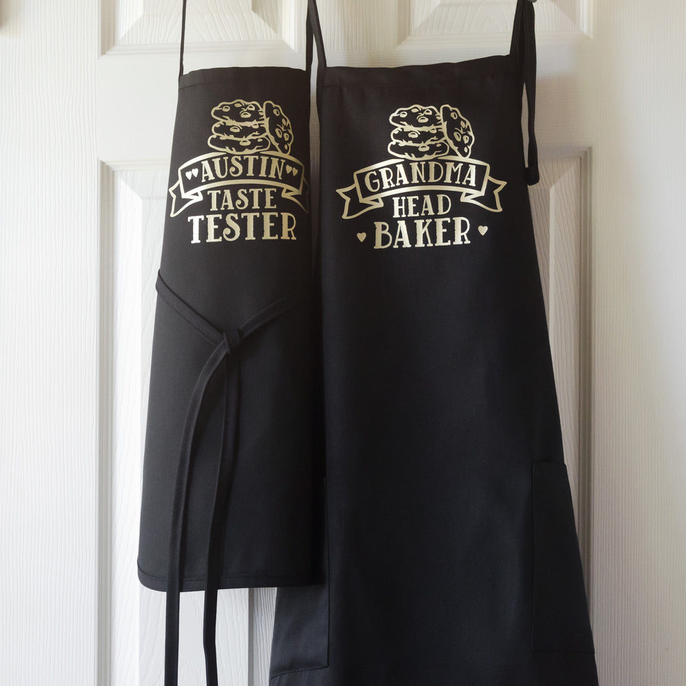 personalized matching grandmother and grandson cookie baking aprons in black
