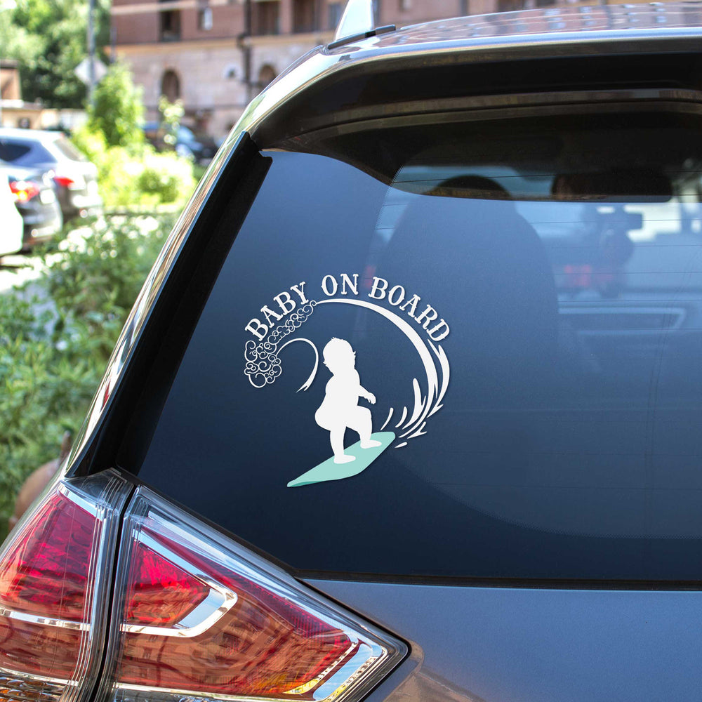 
                  
                    Baby On Board Surfing Boy SVG car decal on a SUV's back window
                  
                