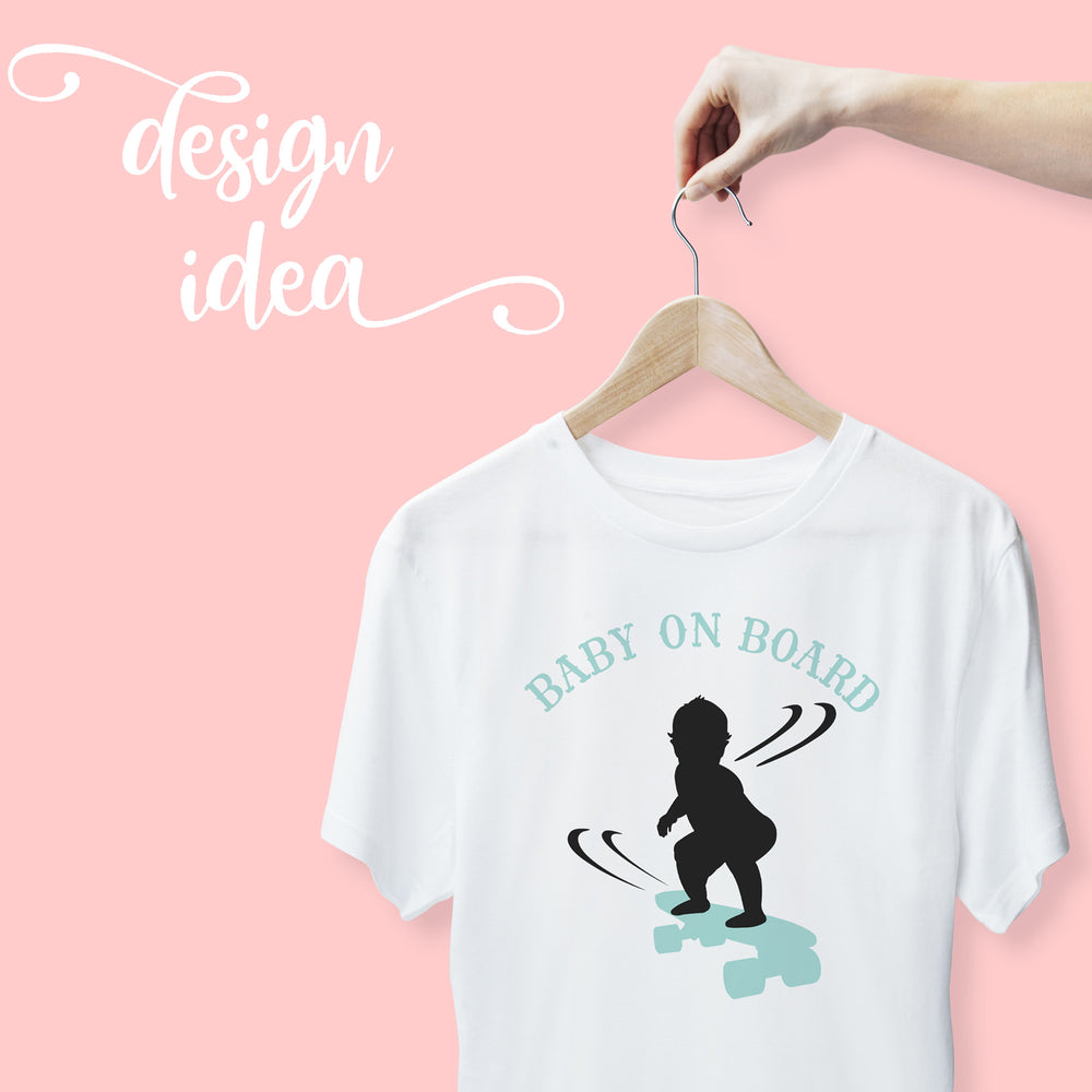 
                  
                    a hand holding a shirt on a hanger with baby on board - skateboarding boy svg printed on the shirt
                  
                