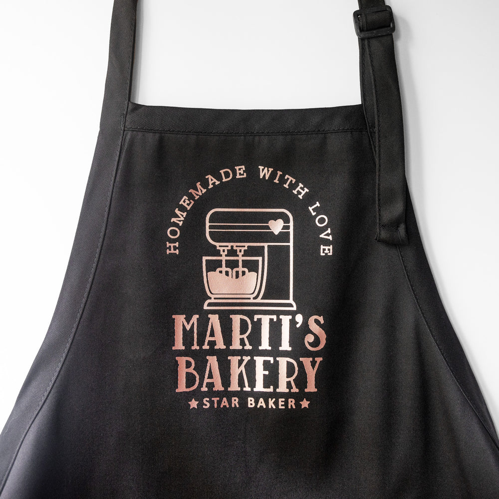 A personalized mixer apron in black  