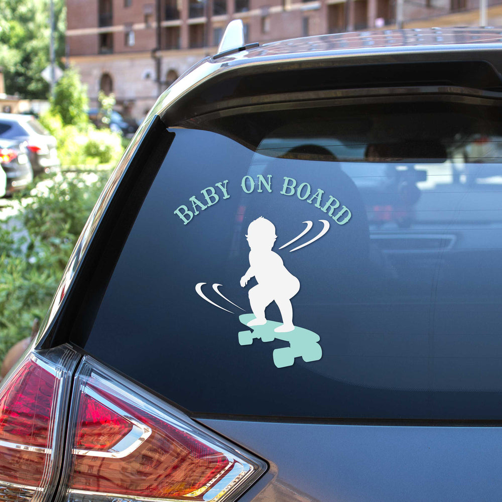 
                  
                    baby on board - skateboarding boy svg  decal on a car's rear window
                  
                