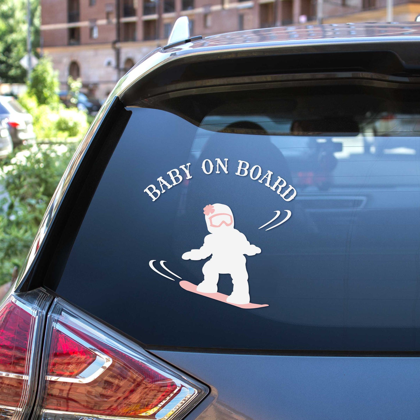 
                  
                    Baby on Board - Snowboarding Girl svg car decal on the rear window of a SUV
                  
                
