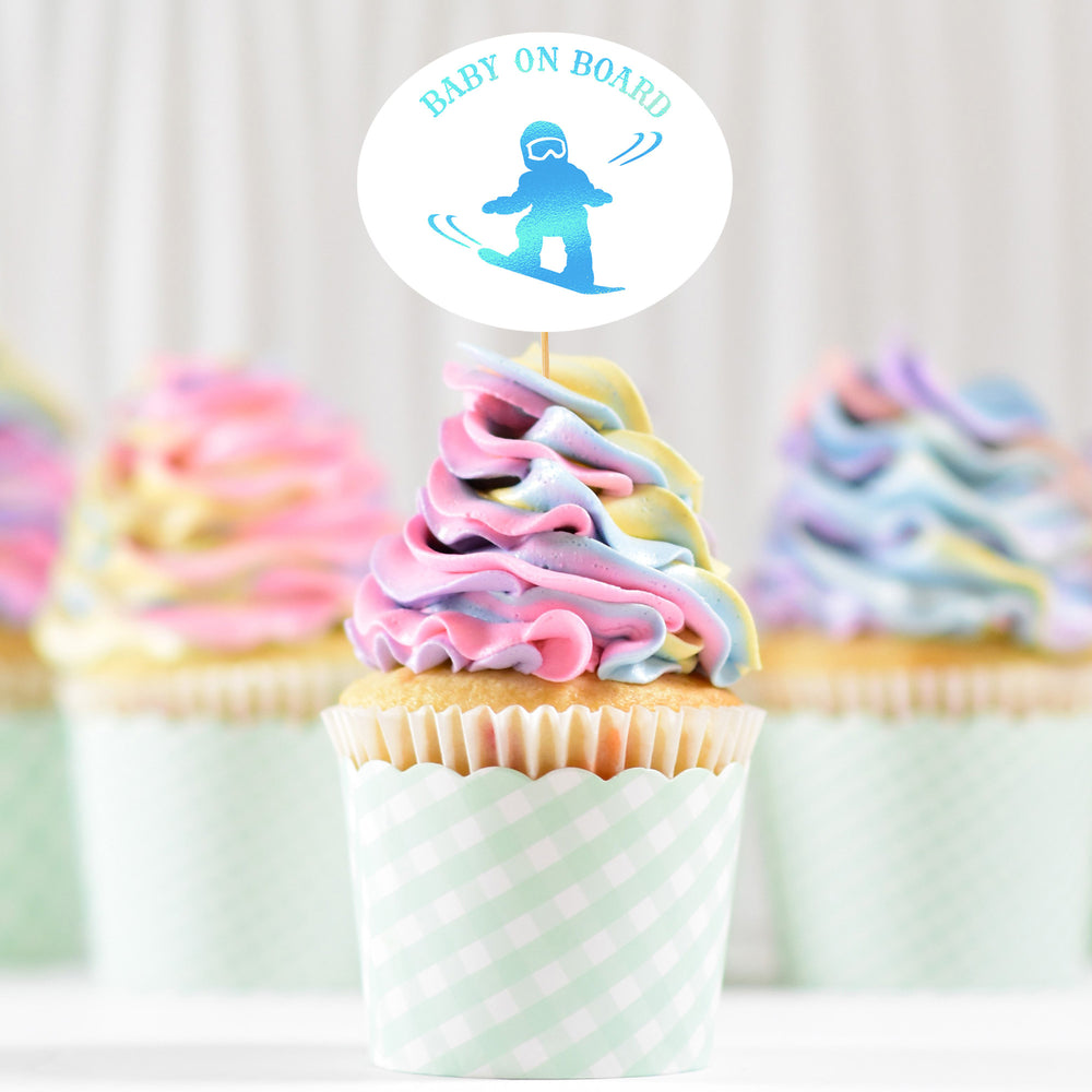 
                  
                    pastel swirl cupcakes with a topper printed with baby on snowboard svg 
                  
                