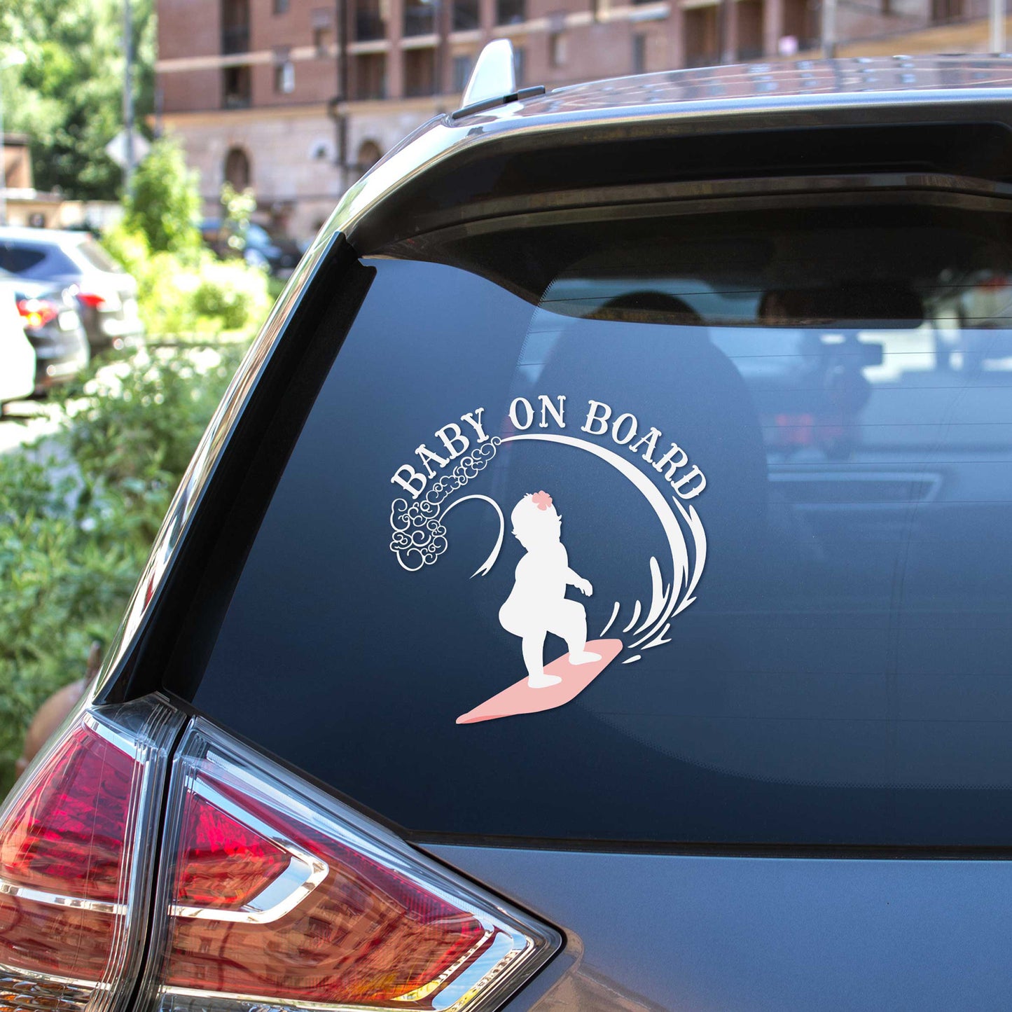 
                  
                    Baby On Board - Surfing Girl svg car decal on a SUV rear window
                  
                