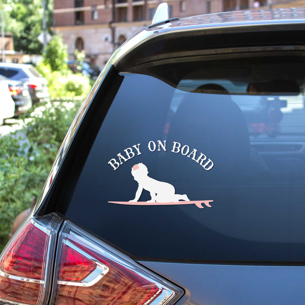 
                  
                    Baby On Board - Surf Girl - SVG car decal on the rear window of a SUV
                  
                