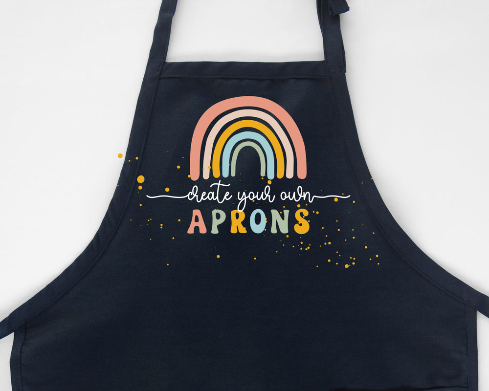 
                  
                    a navy apron representing the short, long and butcher style aprons
                  
                
