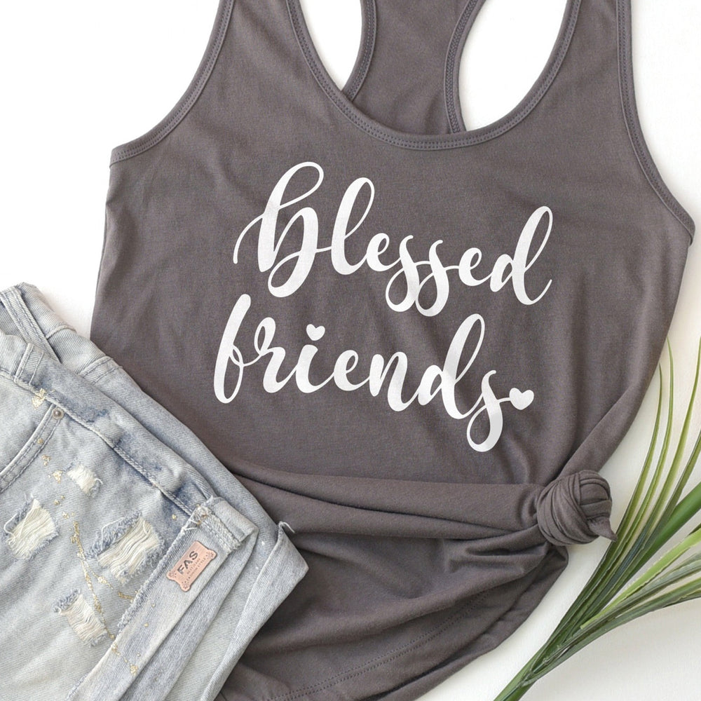Blessed-Friends-Script-SVG-shown on a grey tank, layed out with shorts