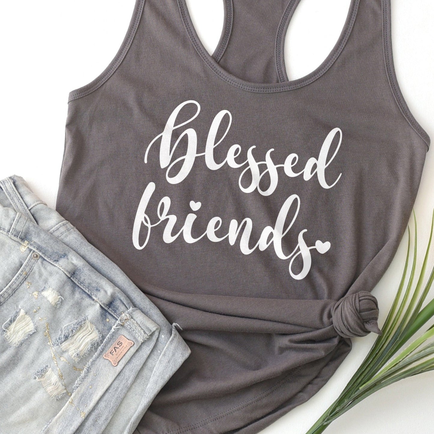 Blessed-Friends-Script-SVG-shown on a grey tank, layed out with shorts