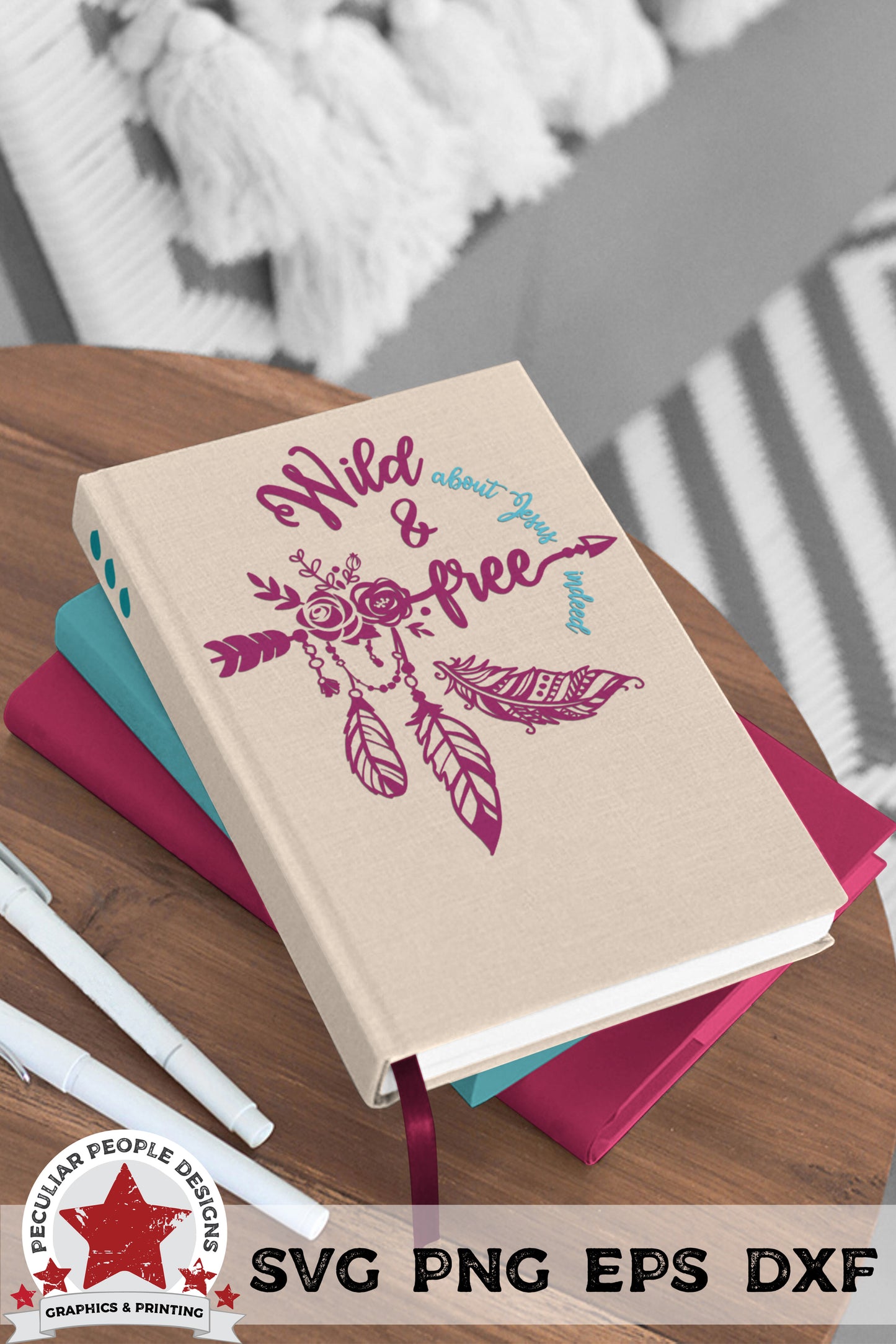 
                  
                    wild and free svg shown printed as a decal on a journal in a bohemian style room
                  
                