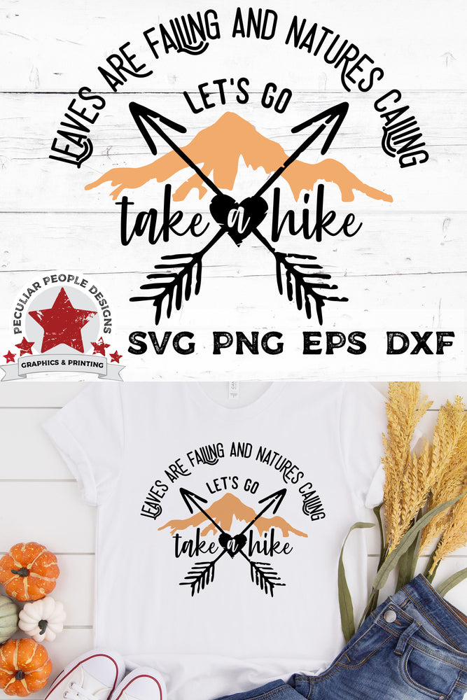 
                  
                    a white tshirt printed with leaves are falling, natures calling svg, surrounded by fall themed items
                  
                