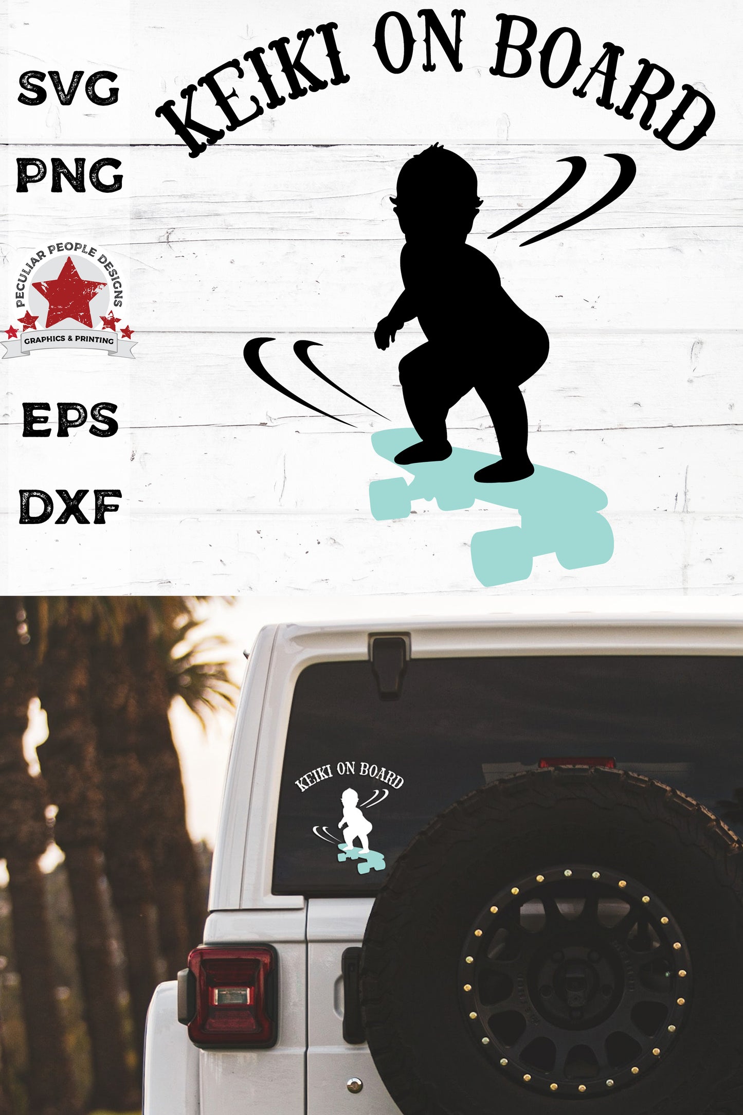 
                  
                    keiki on board - hawaiian skateboarding boy svg decal on a car's rear window
                  
                