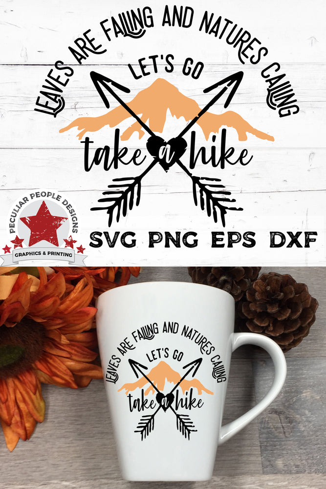 
                  
                    a white mug printed with leaves are falling, natures calling svg, surrounded by fall flowers and pinecones
                  
                