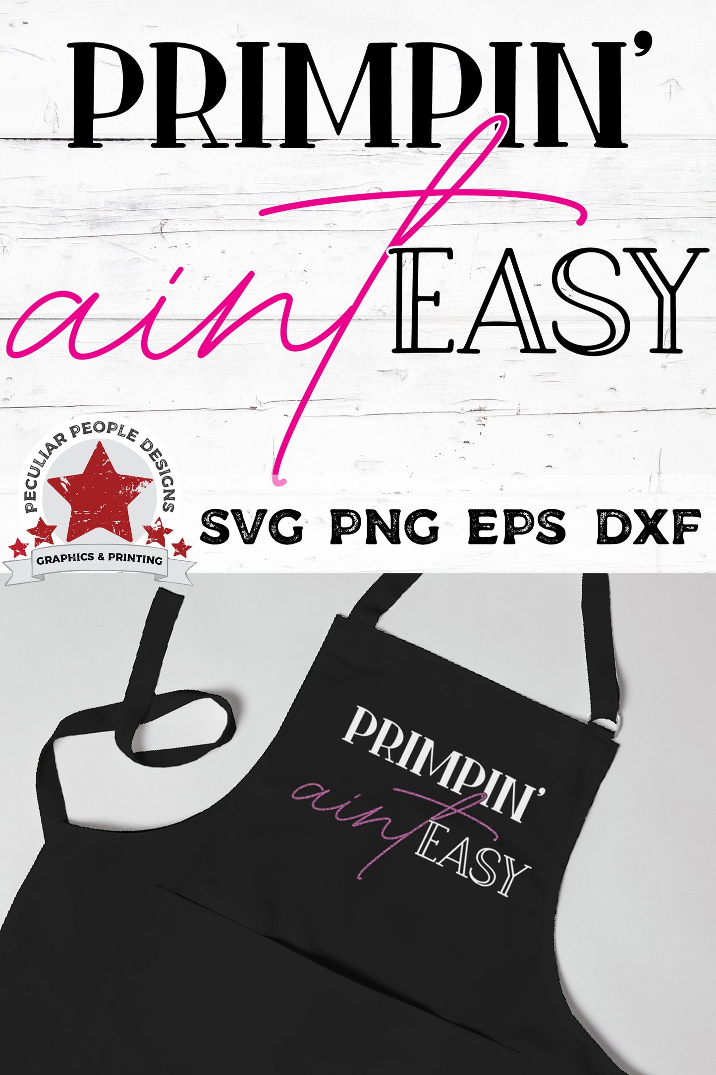 
                  
                    Primpin-Aint-Easy-SVG printed on a black hairstylist's apron
                  
                
