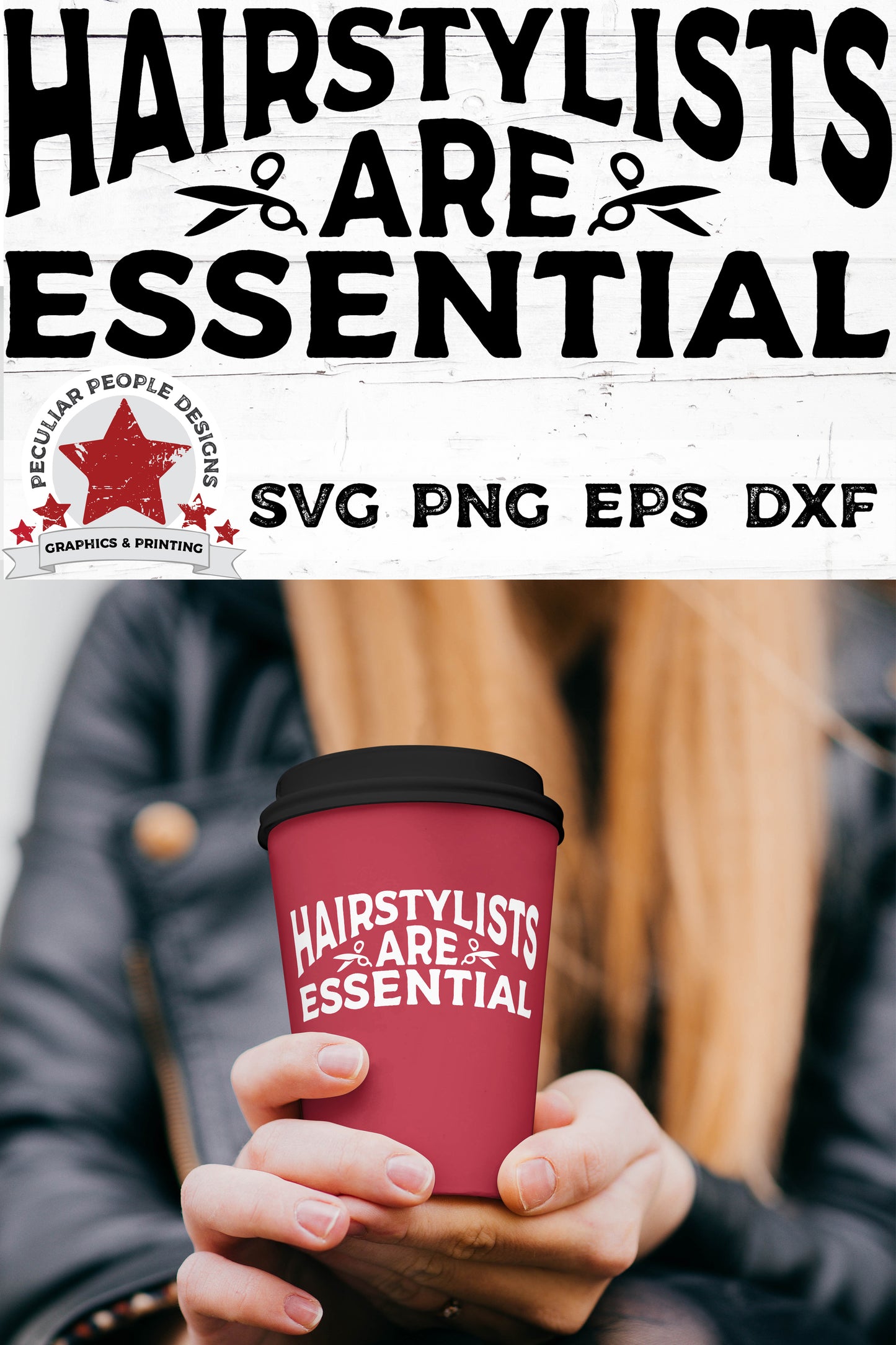 
                  
                    closeup of a young woman holding a travel mug printed with hairstylists are essential svg
                  
                