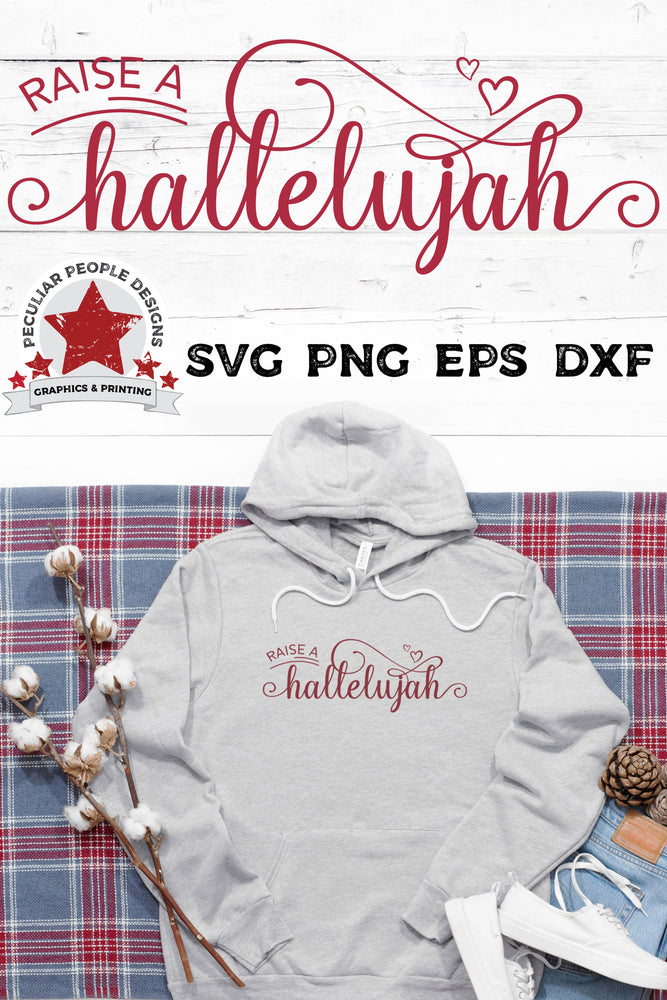 
                  
                    a grey sweatshirt printed with Raise A Hallelujah - SVG, layed out with fall items and clothing on a red and blue blanket
                  
                