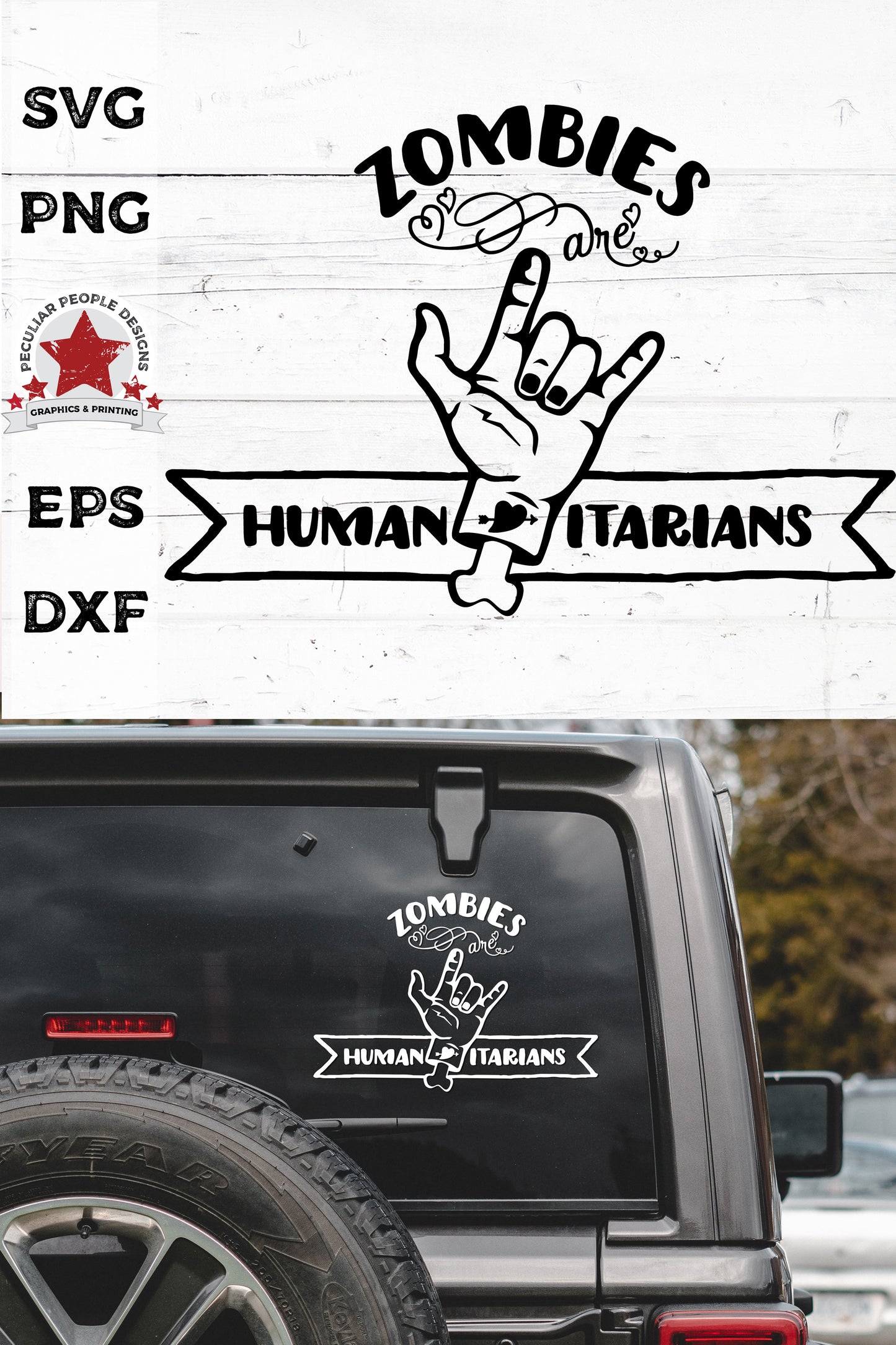 
                  
                    Zombies Are Humanitarians SVG shown a a car decal on the rear window of a black jeep
                  
                