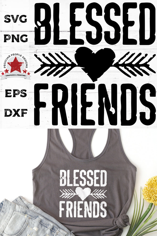
                  
                    Blessed-Friends-Rustic Heart-SVG-printed in white on a grey tank
                  
                