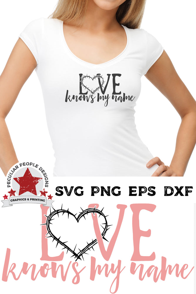 
                  
                    a young woman wearing a white t shirt with love knows my name svg printed in black
                  
                