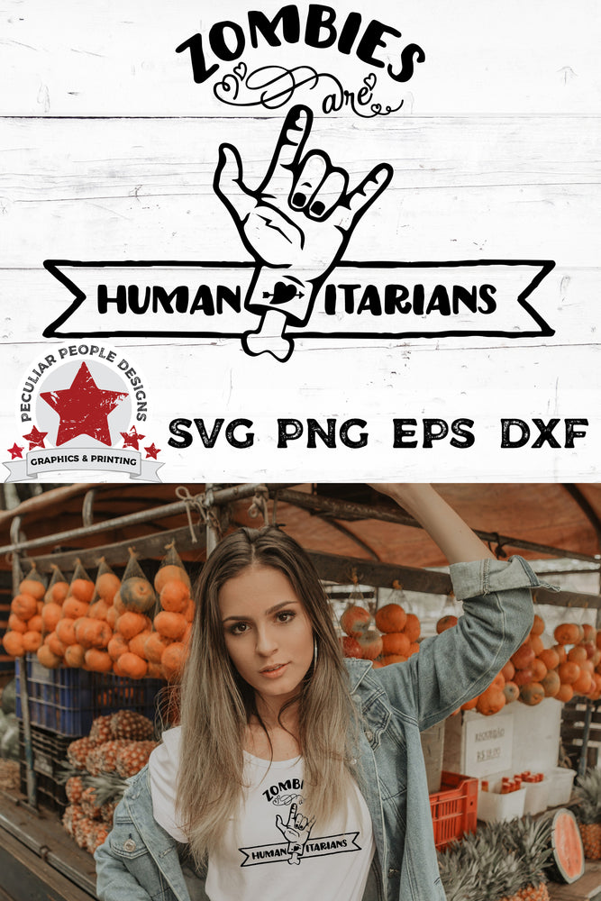
                  
                    Zombies Are Humanitarians SVG shown on a t-shirt worn by a young woman standing in front of a pumpkin stand
                  
                