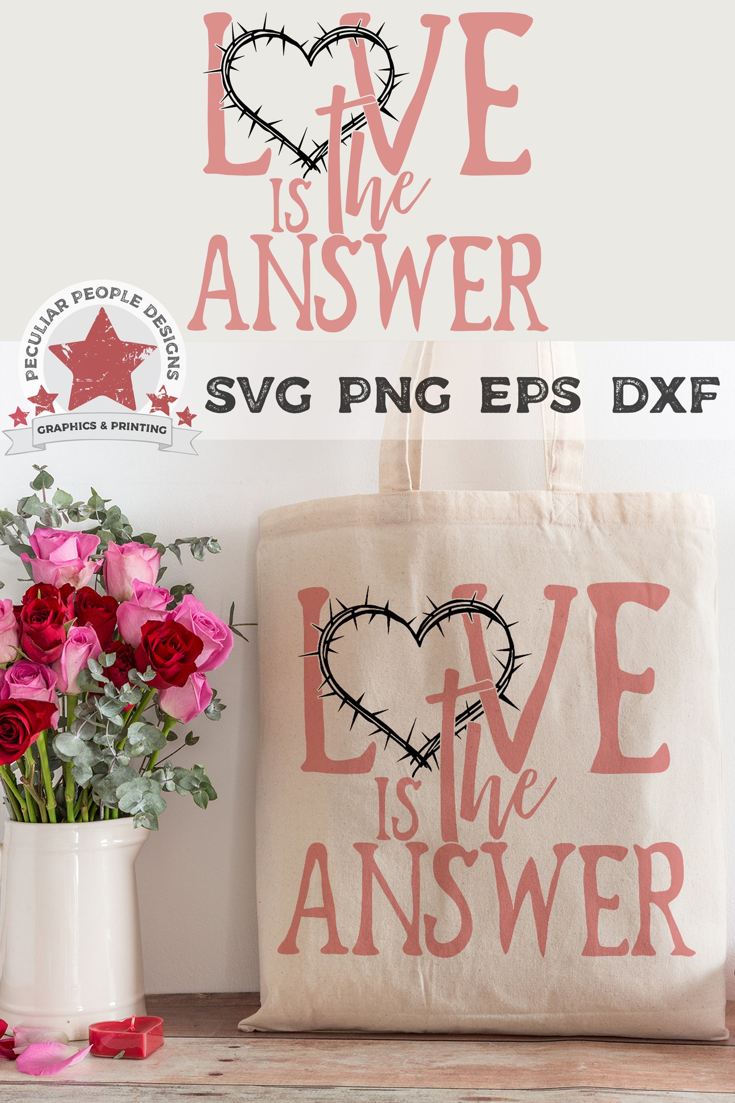 
                  
                    love is the answer svg printed on a tote bag set next to a bouquet of roses
                  
                