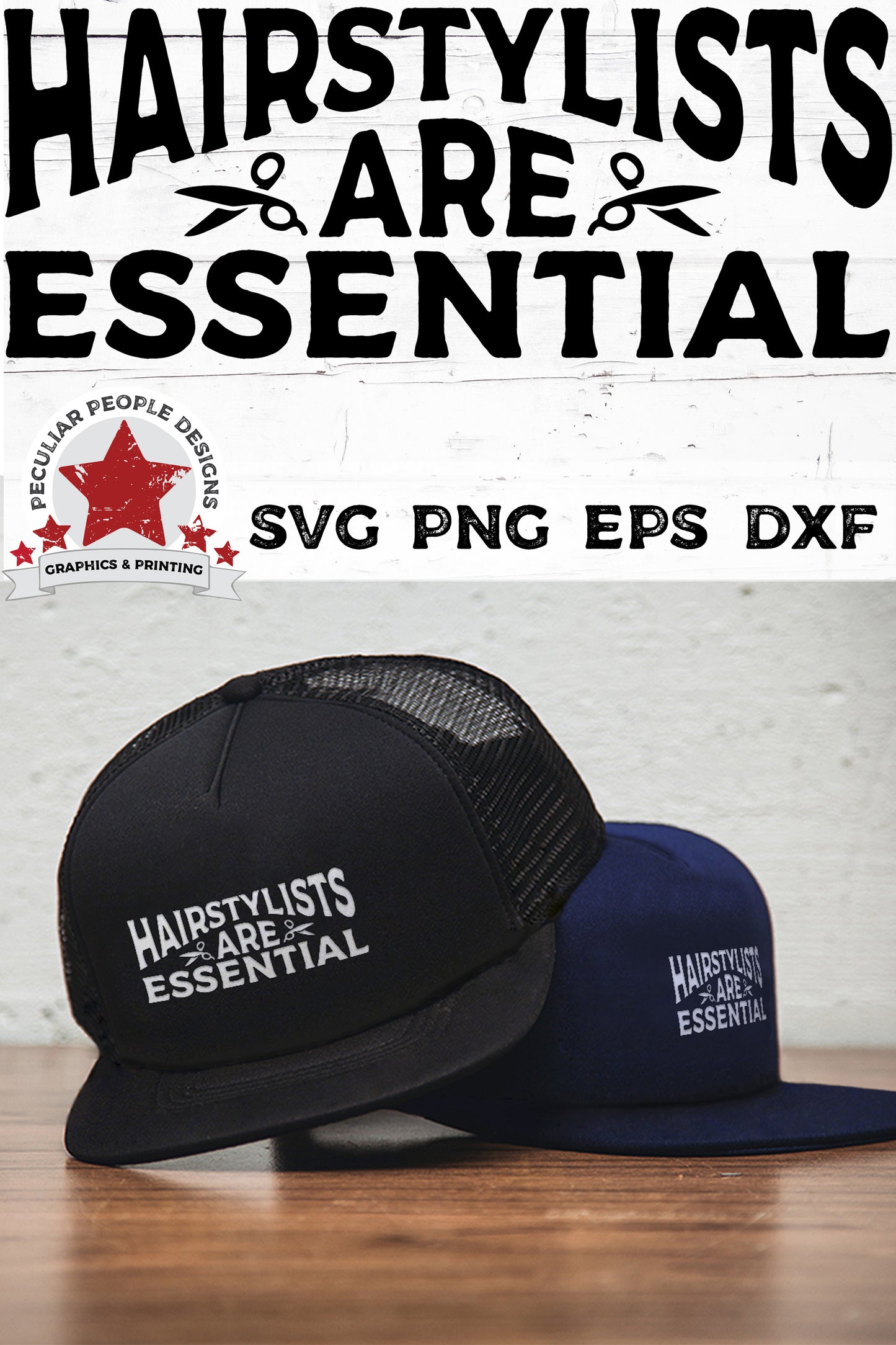 
                  
                    two stacked snapback hats printed with Hairstylists-Are-Essential-svg
                  
                