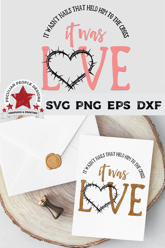
                  
                    it was love svg printed in gold foil on a white card, laying on a wood stump
                  
                