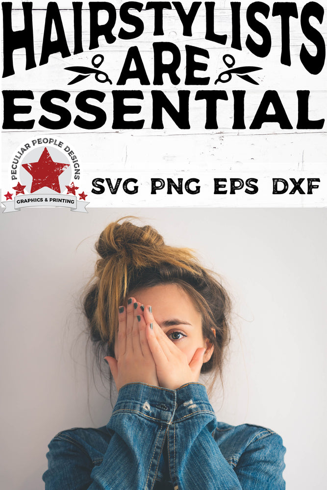 
                  
                    a young woman with a messy bun, hiding her face, with Hairstylists-Are-Essential-svg displayed above her head
                  
                