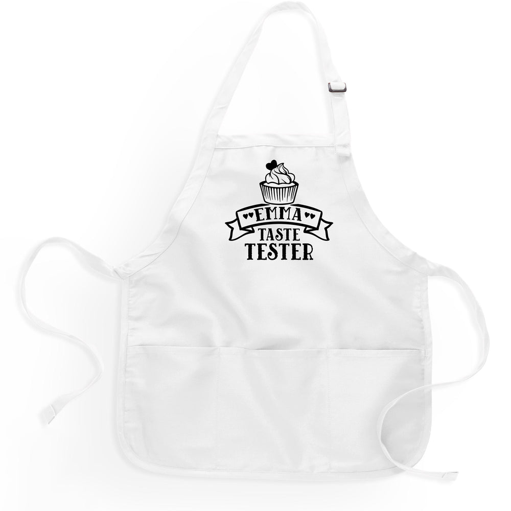 a short white taste tester apron