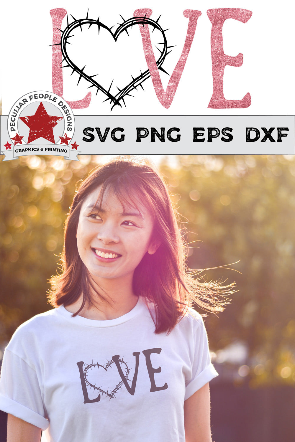 
                  
                    A young girl wearing a white tee with Love-Crown-of-Thorns-SVG printed on her shirt
                  
                