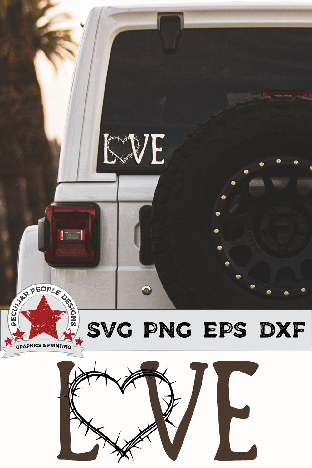 
                  
                    A white Jeep in the tropics with a Love Crown of Thorns window decal.
                  
                