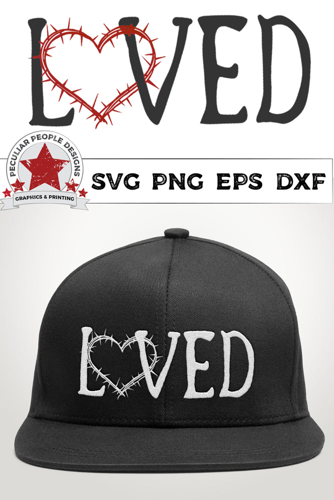 
                  
                    loved crown of thorns svg shown in white on a black snap back hat
                  
                