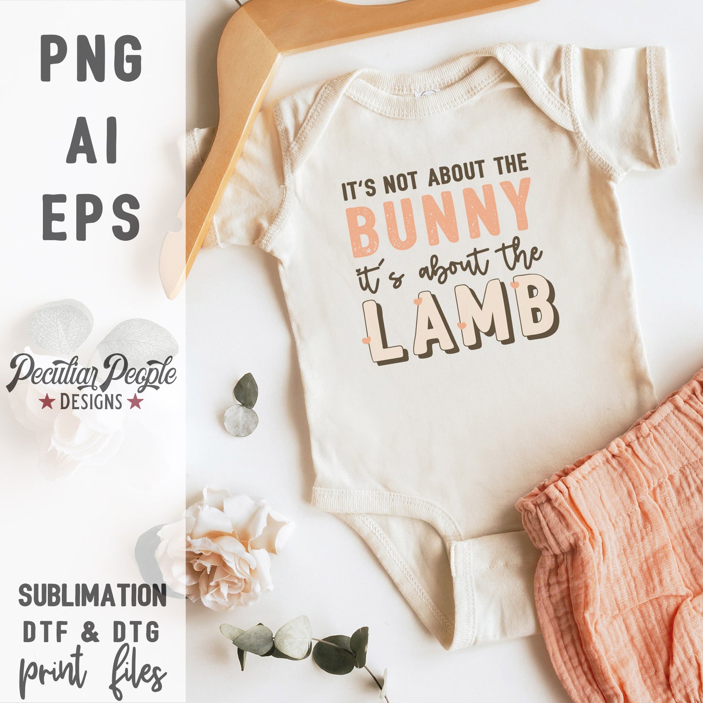 
                  
                    A baby onesie in spring surroundings, printed with the It's About the lamb digital design.
                  
                