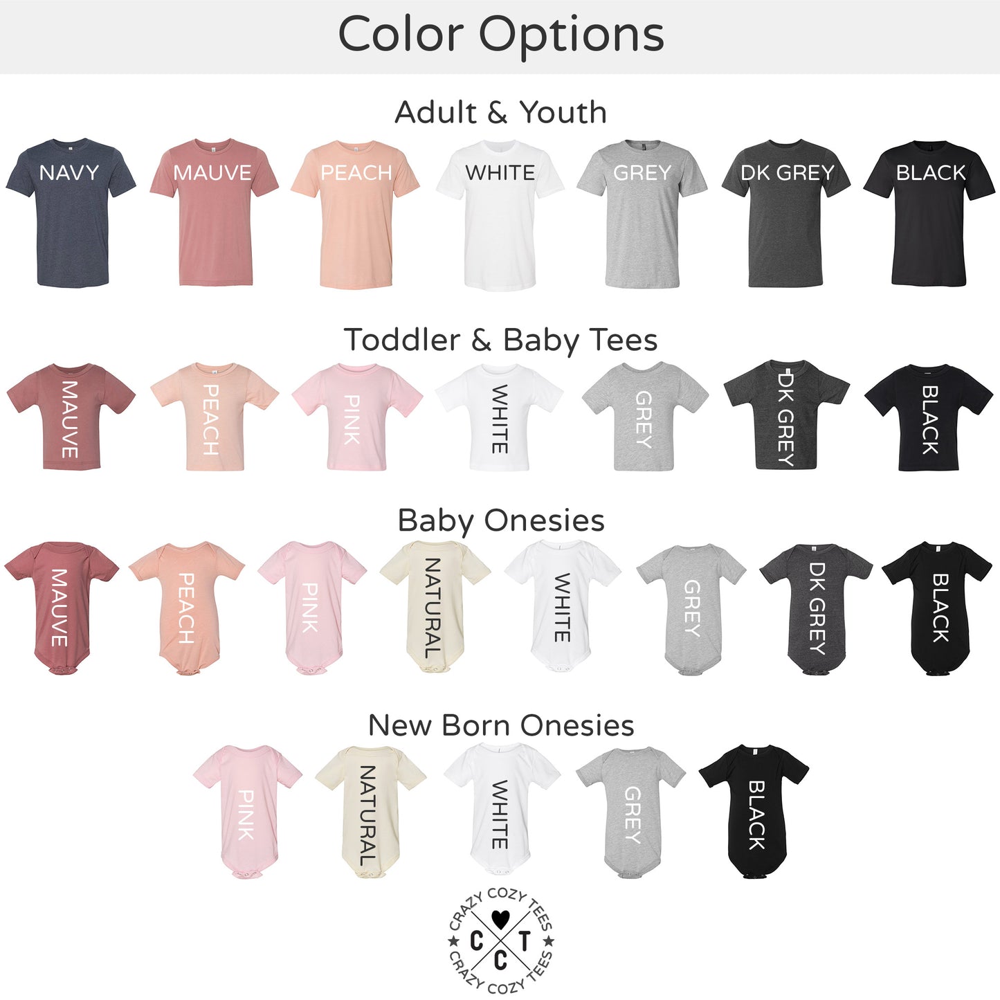 
                  
                    Peculiar people designs' apparel Colors for adults, kids and babies
                  
                