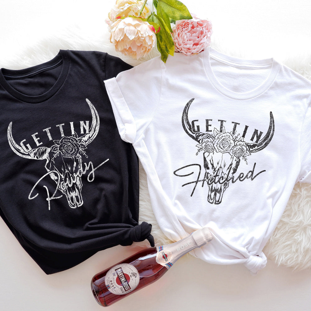bachelorette party shirts in black and white; gettin' rowdy and gettin' hitched
