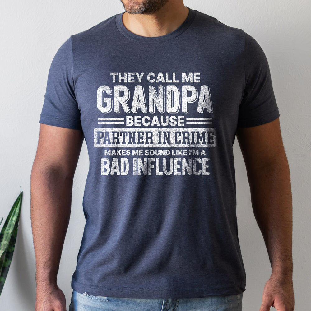 
                  
                    a man wearing a partner in crime grandpa shirt in navy
                  
                