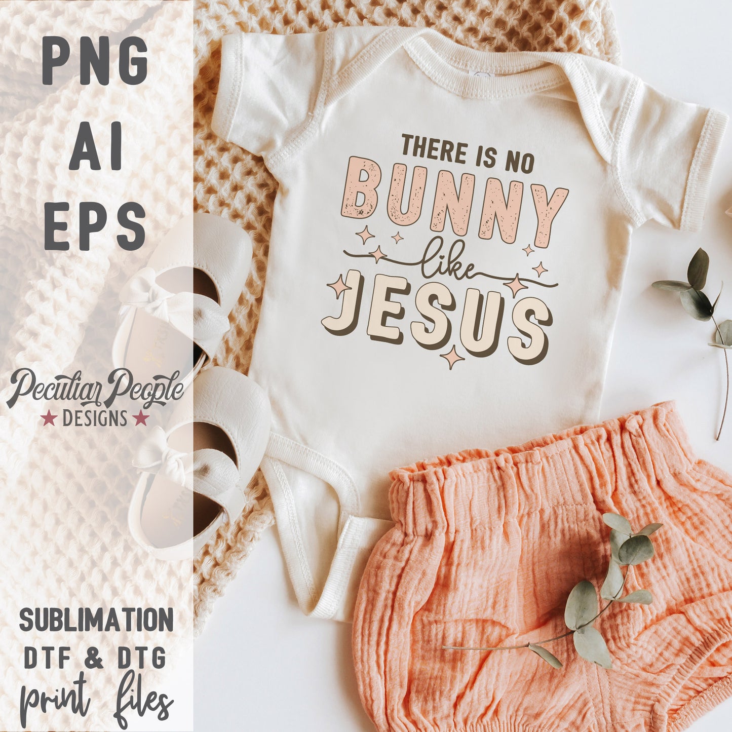 
                  
                    a baby onesie in a spring setting, printed with a "There is no bunny like Jesus" design
                  
                