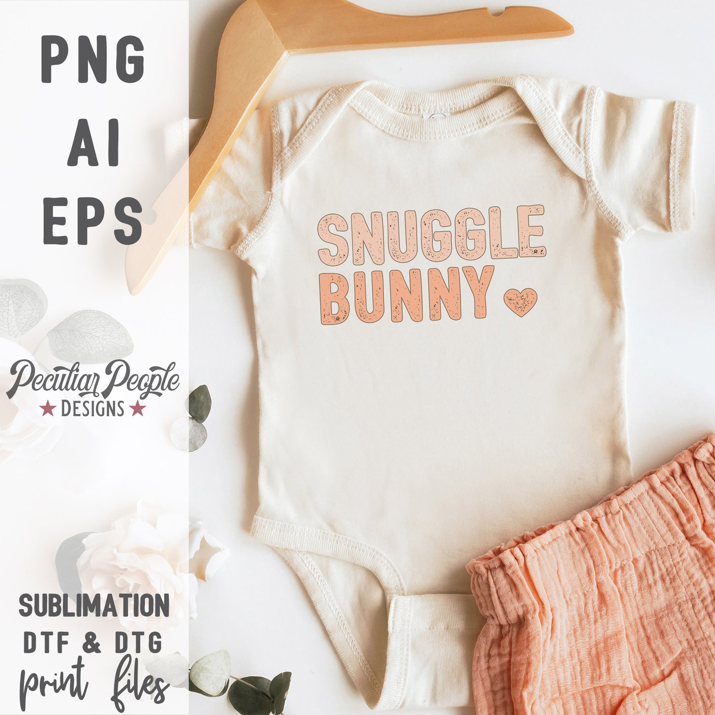 a baby onesie in a spring setting, printed with the snuggle bunny design