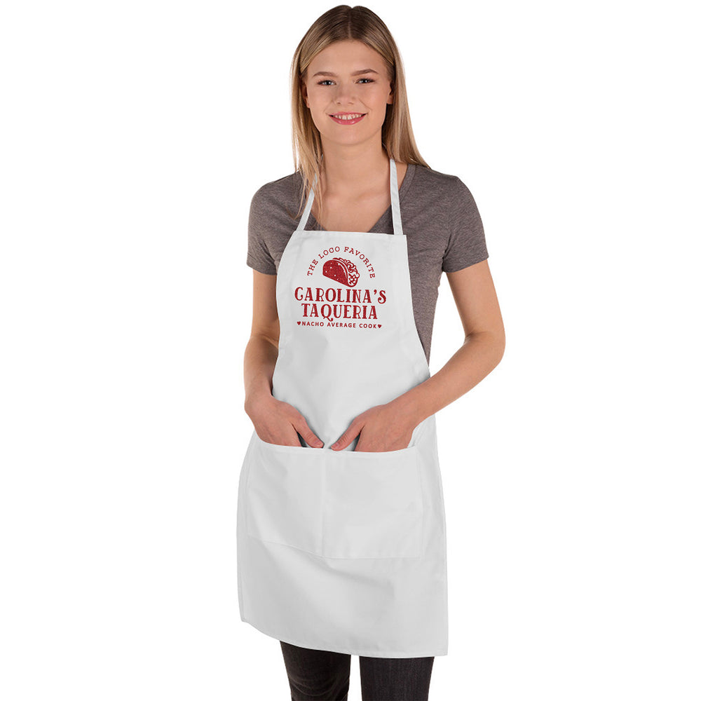 
                  
                    a young woman wearing a personalized taco apron in white butcher style
                  
                