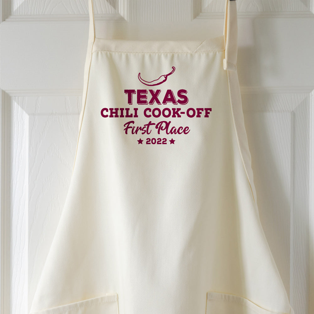 a personalized chili cook off apron in natural
