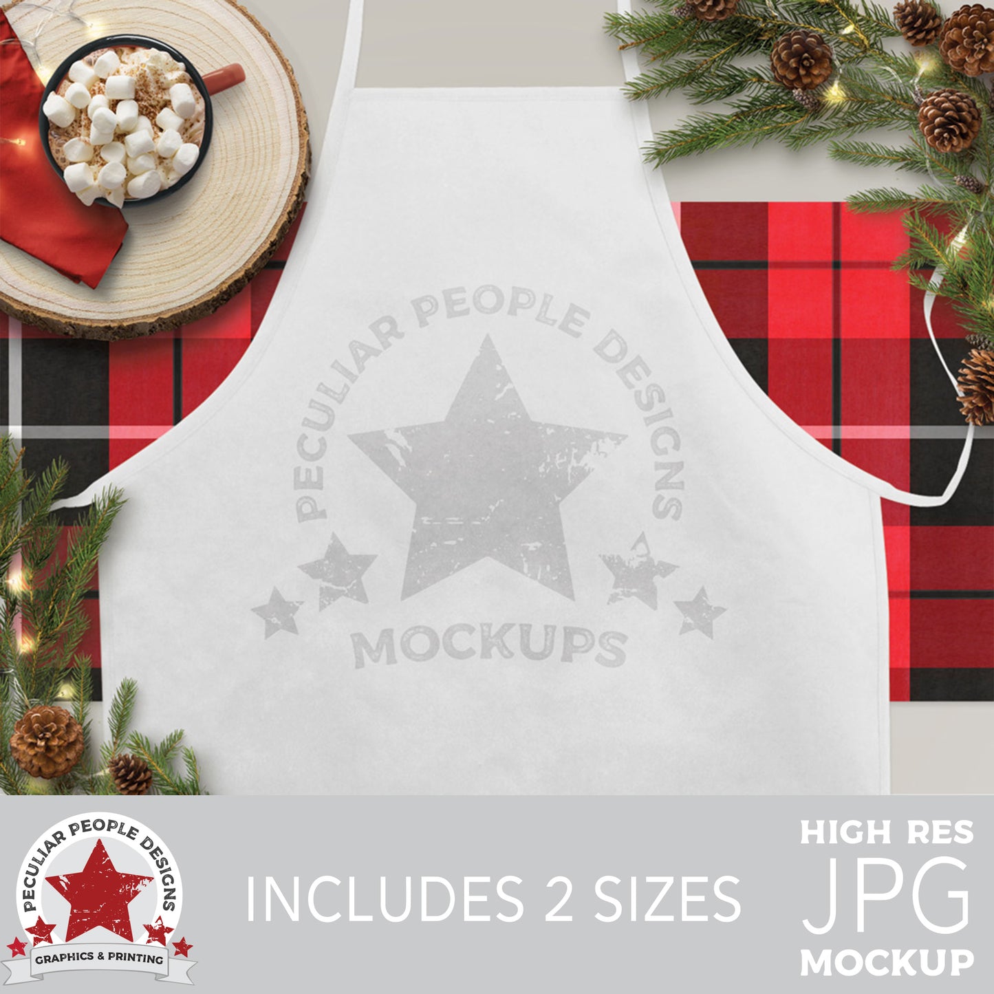 
                  
                    a rustic farmhouse mockup image of a white apron against a plaid runner, surrounded with pine cones and brances and hot cocoa
                  
                