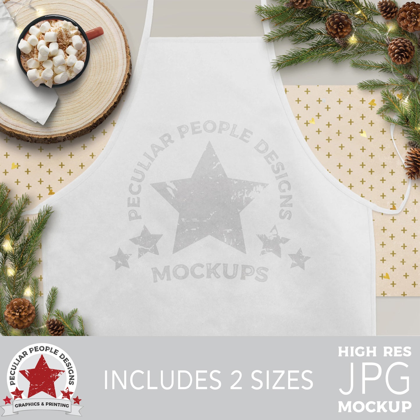 
                  
                    a rustic elegant mockup image of a white apron surrounded by pine cones and branches, christmas lights and hot cocoa
                  
                