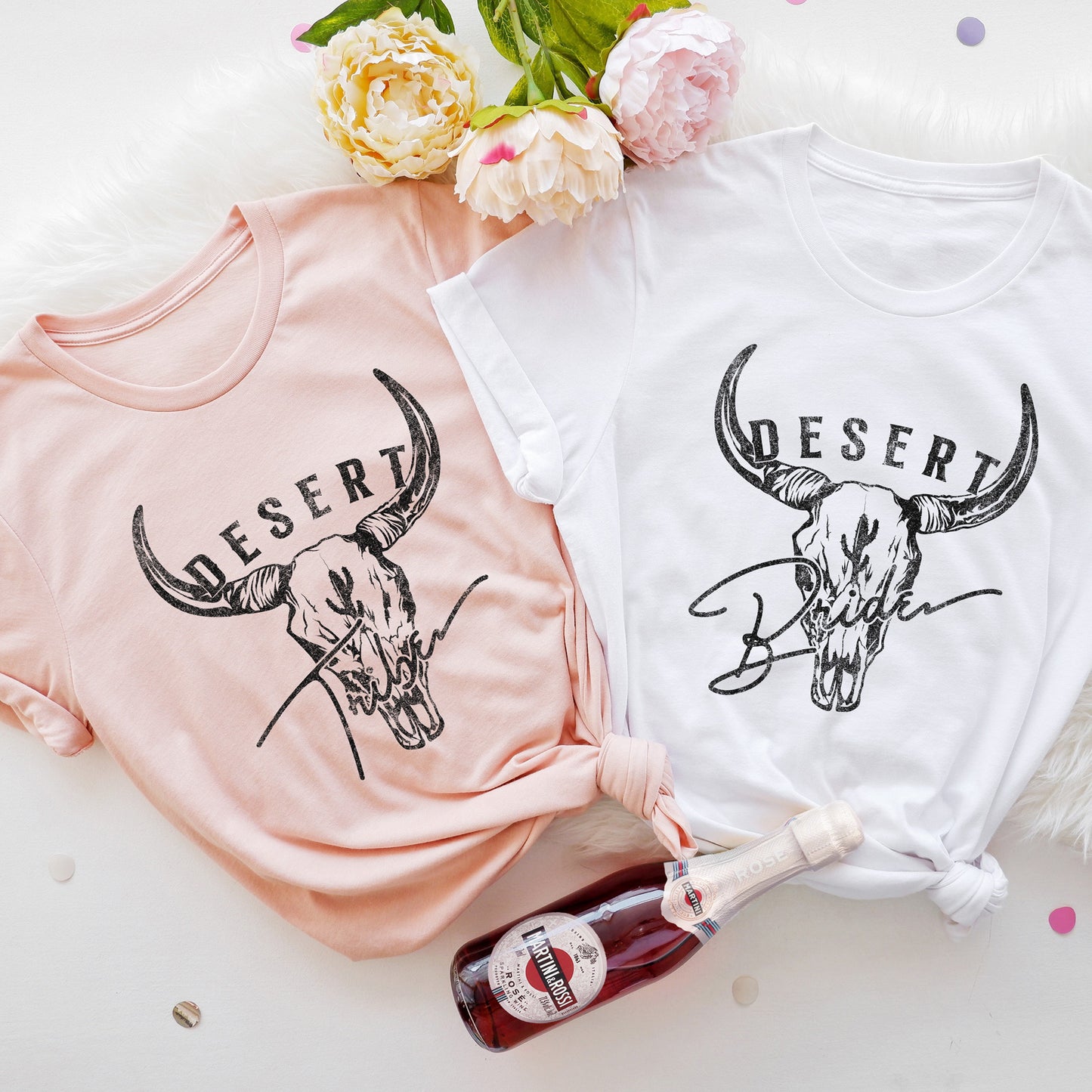 
                  
                    matching bachelorette party tees in peach and white
                  
                