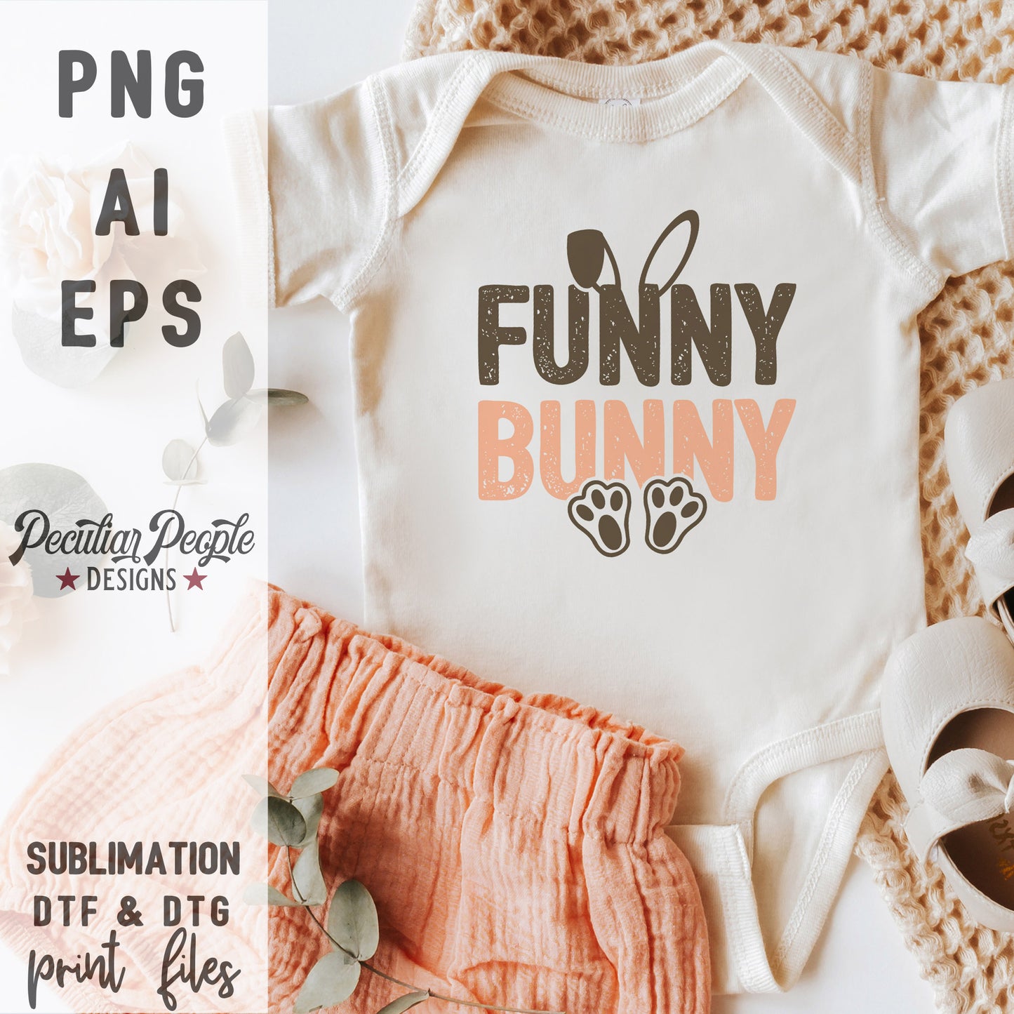 a baby onesie in a spring setting, printed with a funny bunny design.